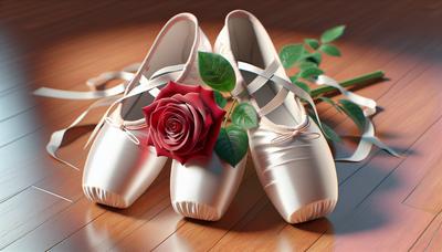 Chaussures de ballet blanches à côté d'une seule rose.