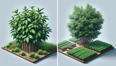 野生のコカ植物と栽培されたコカ植物が並んでいる。

