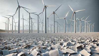 Windkraftanlagen inmitten eines Meers von Protestbriefen.