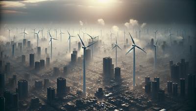 Windturbines en smog boven een stadsgezicht.