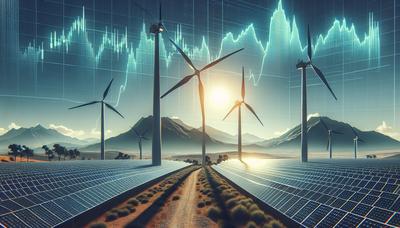 Windkraftanlagen und Solarpaneele vor einem Aktienkursdiagramm.