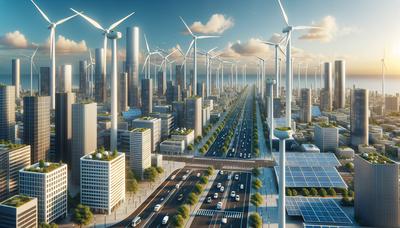 Turbine eoliche, pannelli solari e veicoli elettrici in città.