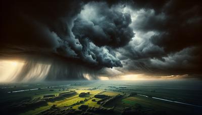 Winderige wolken boven stormachtig Nederlands landschap met regen.