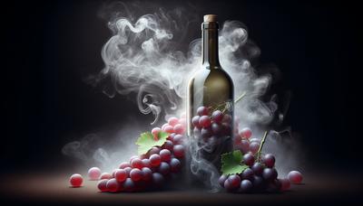 Botella de vino y uvas con humo desvaneciéndose.