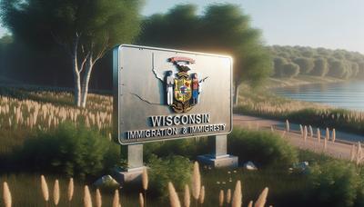 Letrero fronterizo de Wisconsin con símbolos de inmigración.