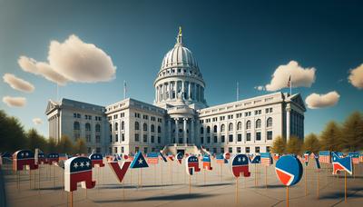 Edifício do Capitólio de Wisconsin com símbolos de partidos políticos.