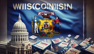 Wisconsin-Flagge mit Wahlzetteln und Kapitol-Gebäude