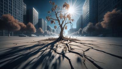 Verdorde stedelijke bomen onder intense zomerse zon.