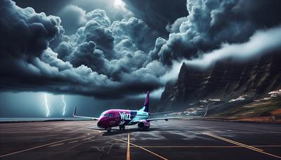 Aereo Wizz Air a terra con cielo temporalesco a Madeira.