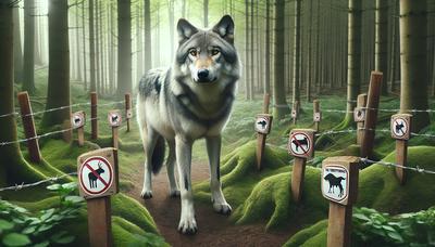 Wolf im Wald, umgeben von Viehschutzschildern