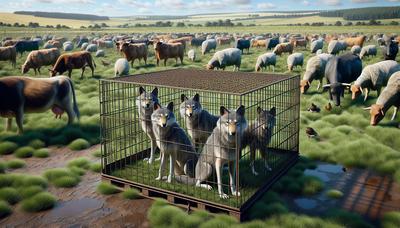 Loups dans une cage de transport avec du bétail en arrière-plan.