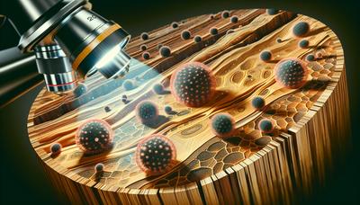 Holzoberfläche unter dem Mikroskop mit hervorgehobenen antiviralen Eigenschaften.