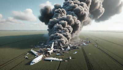 Wrakstukken van vliegtuig in veld met rook die opstijgt.