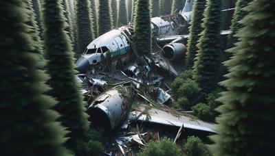 Fuselage d'avion écrasé au milieu d'une zone forestière dense.