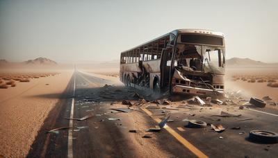 Autobús destrozado en una carretera del desierto con escombros.