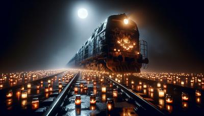 Treno distrutto di notte con candele commemorative che brillano.