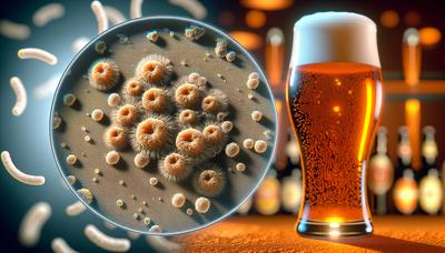 Células de levadura bajo el microscopio con fondo de cerveza artesanal.