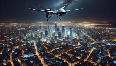 Drones yemeníes sobrevolando el paisaje urbano de Tel Aviv por la noche.