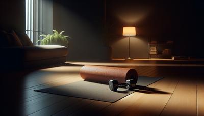 Esterilla de yoga y mancuernas en una habitación con poca luz.