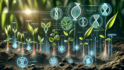 Giovani piante con sequenze genetiche evidenziate e stadi di crescita.