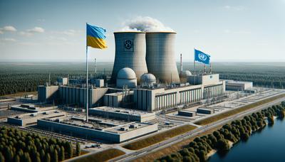 Centrale nucléaire de Zaporijjia avec des drapeaux ukrainien et de l'ONU.